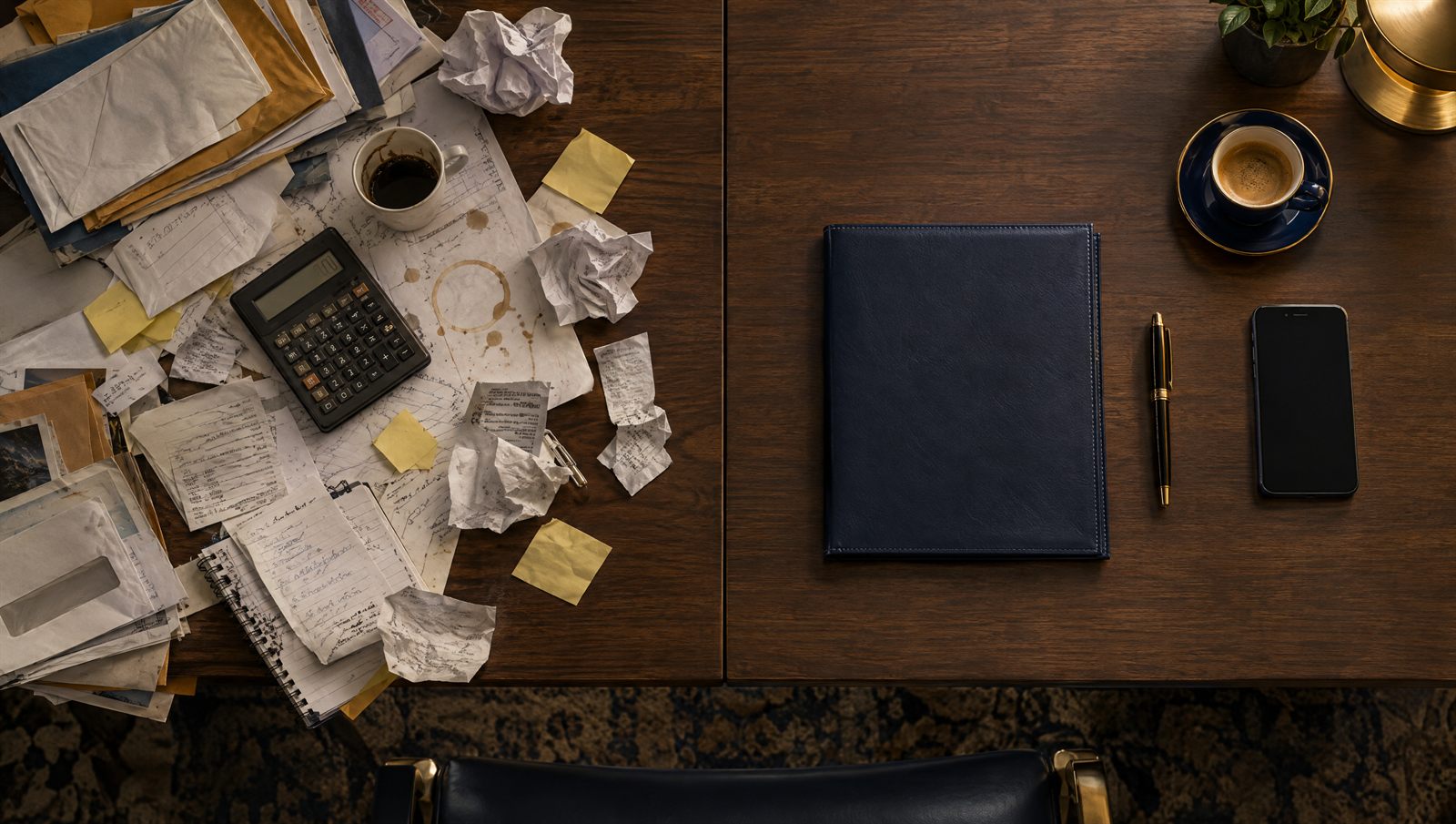 La misma mesa: a la izquierda, papeles, notas y una calculadora; a la derecha, solo una carpeta, una pluma, un móvil y un café