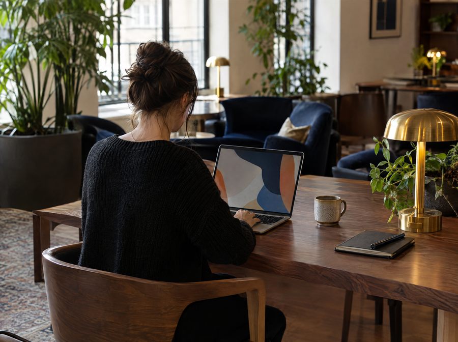 Una diseñadora trabaja con su portátil en un espacio de trabajo elegante