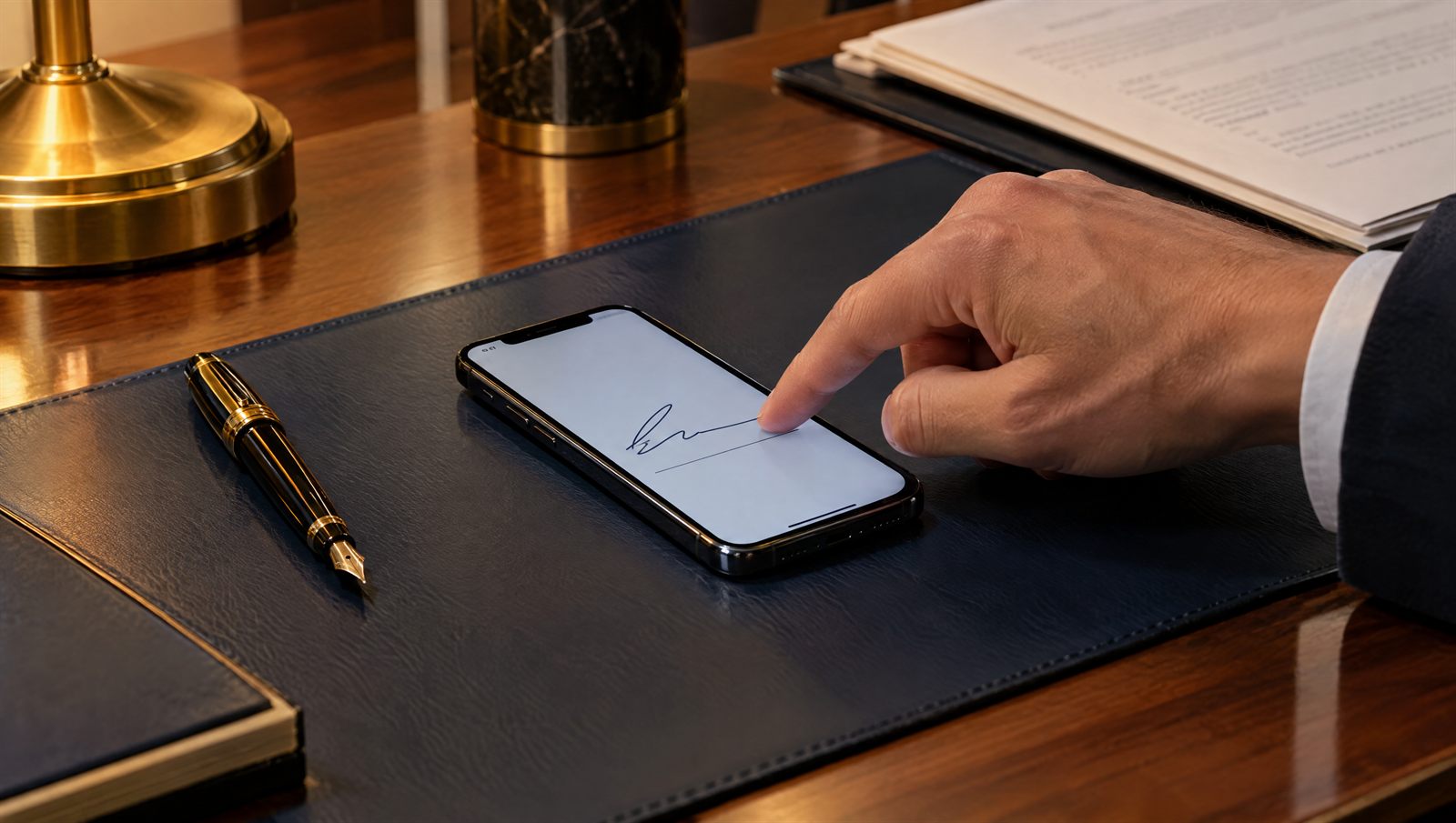Una mano firma con el dedo en la pantalla del móvil, sobre la mesa de un despacho