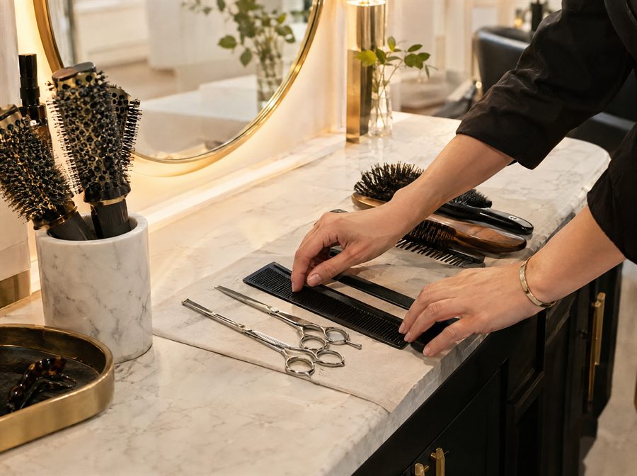 Manos de una peluquera ordenando tijeras y peines en su salón