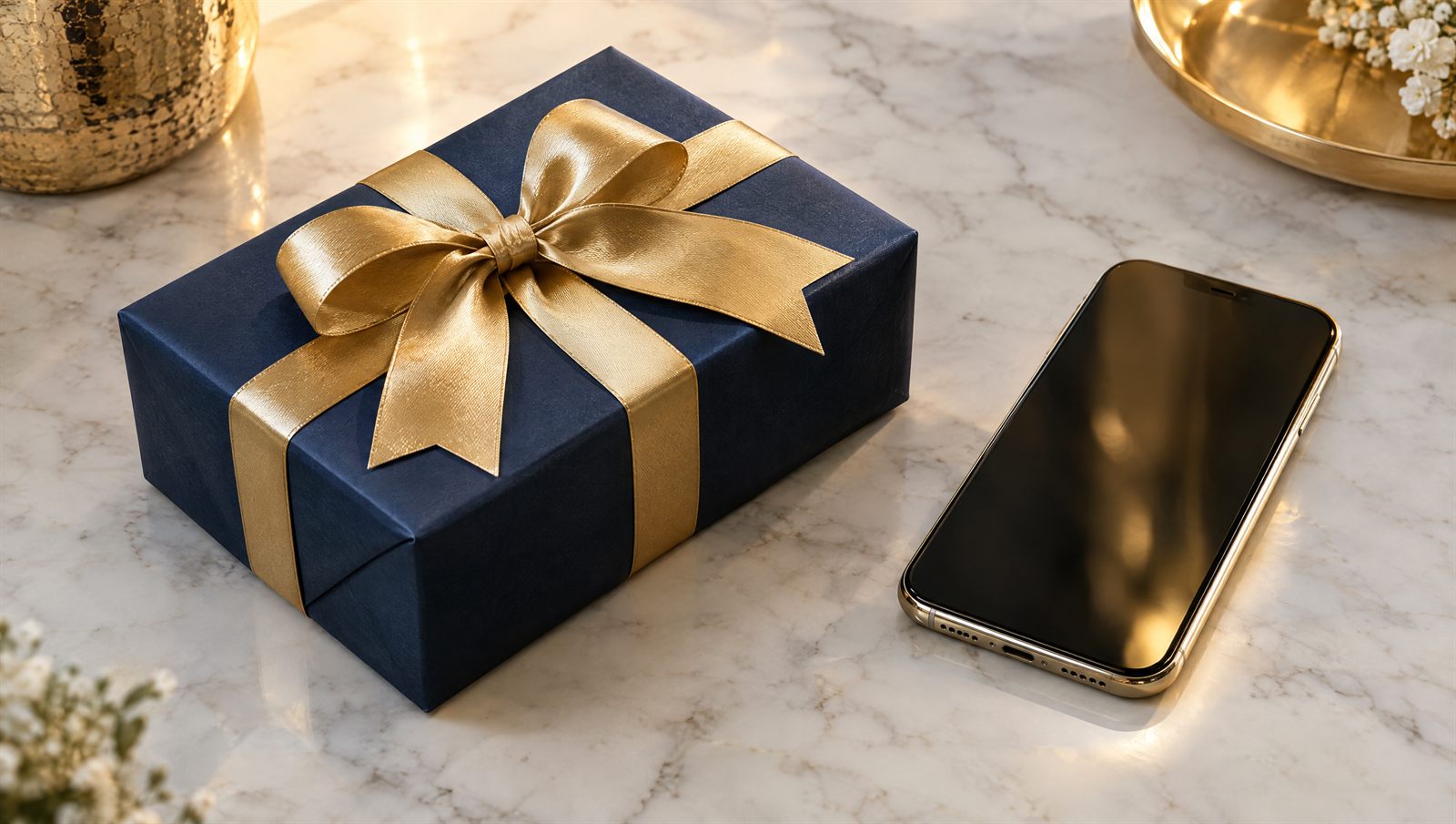Una caja de regalo azul marino con lazo dorado junto a un móvil